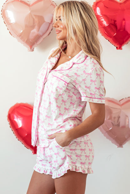 Bow Short Sleeve Top and Shorts Pajama Set