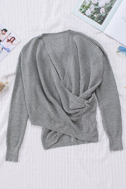 Waffle Knit Wrap V-Neck Sweater