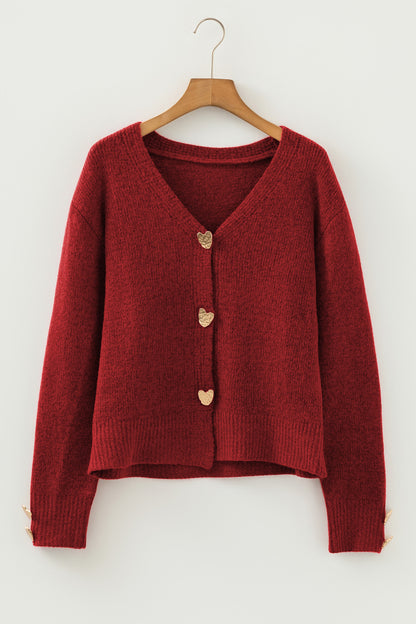 Heart Metal Button V-Neck Knit Cardigan