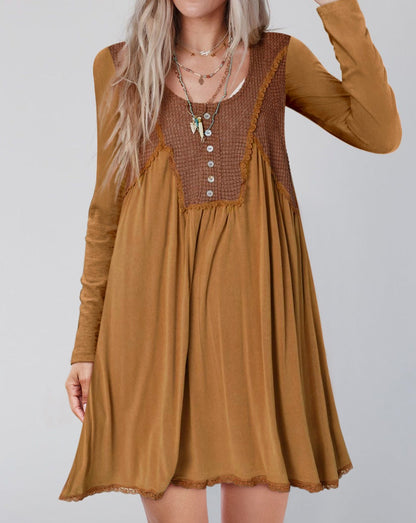 Waffle Patchwork Long Sleeve Dress