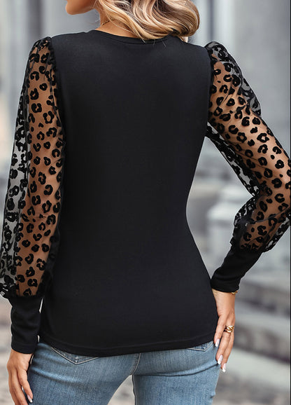 Leopard Mesh Puff Sleeve Top