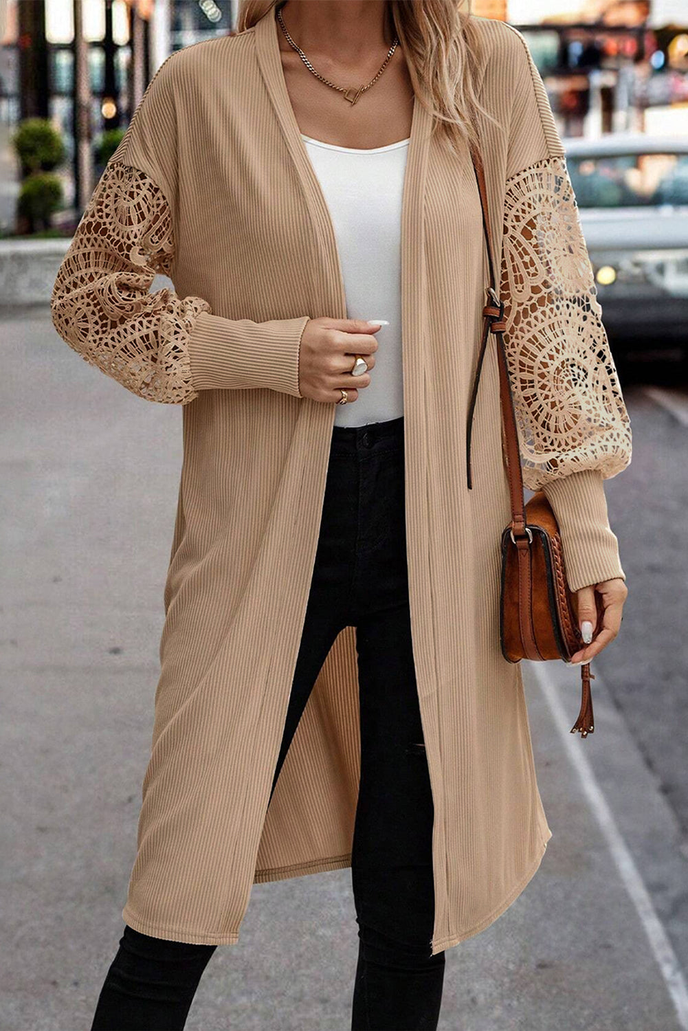 Lace Patchwork Ribbed Duster Cardigan