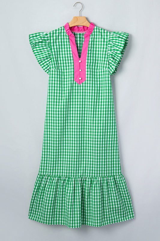 Gingham Colorblock Ruffle Sleeve Midi Dress