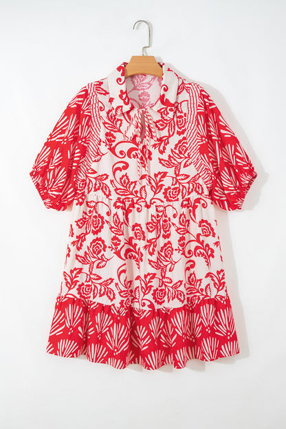 Flower V-Neck 3/4 Sleeve Collar Mini Dress