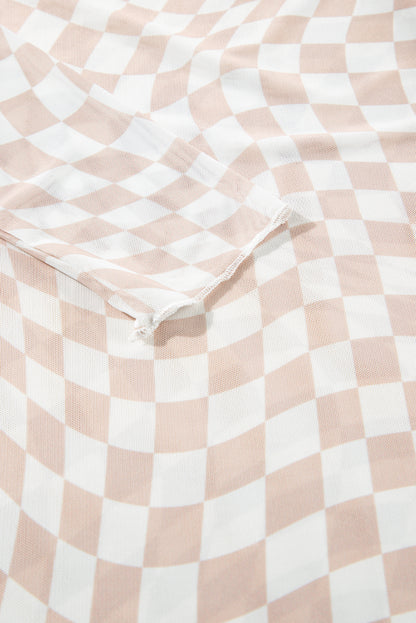 Checker Mesh Mock Neck Long Sleeve Top