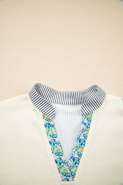 Floral Stripe Collared V-Neck Drop Sleeve Sweatshirt