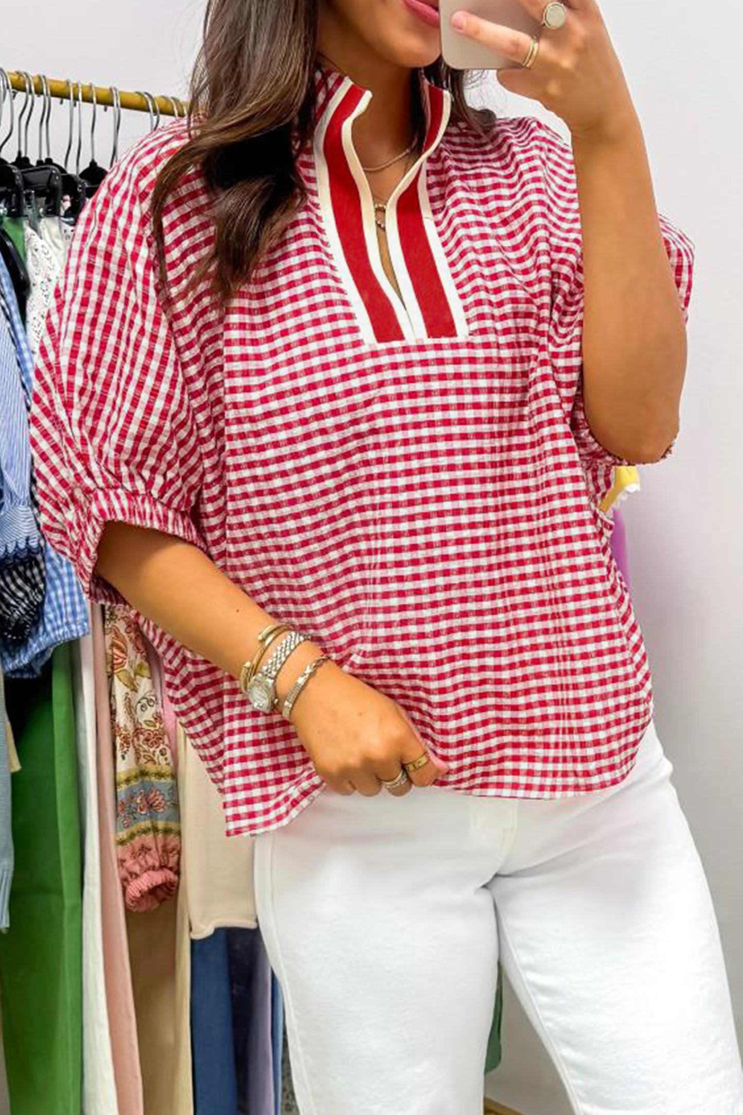 Gingham Plaid Colorblock Trim Split Neck Blouse