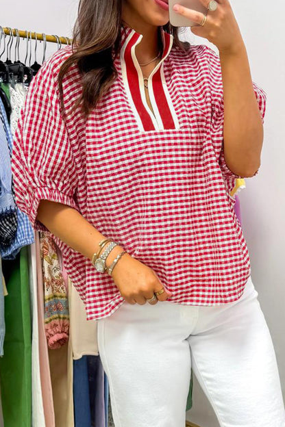 Gingham Plaid Colorblock Trim Split Neck Blouse