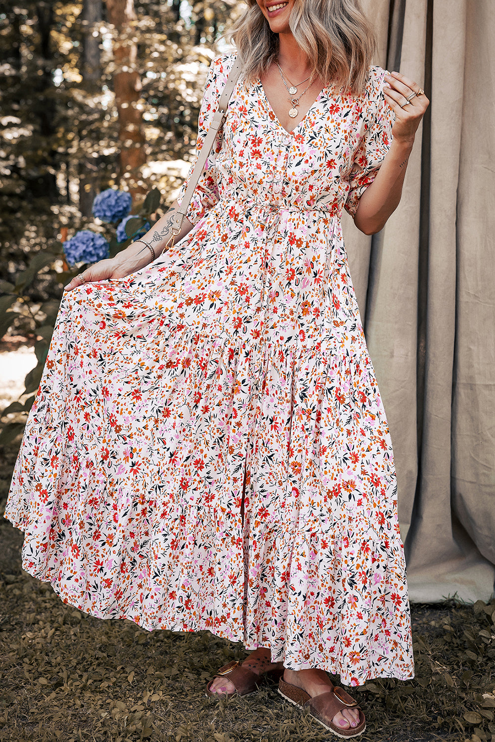 Boho Floral 3/4 Sleeve V‑Neck Maxi Dress