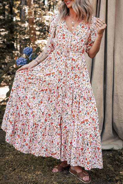 Boho Floral 3/4 Sleeve V‑Neck Maxi Dress