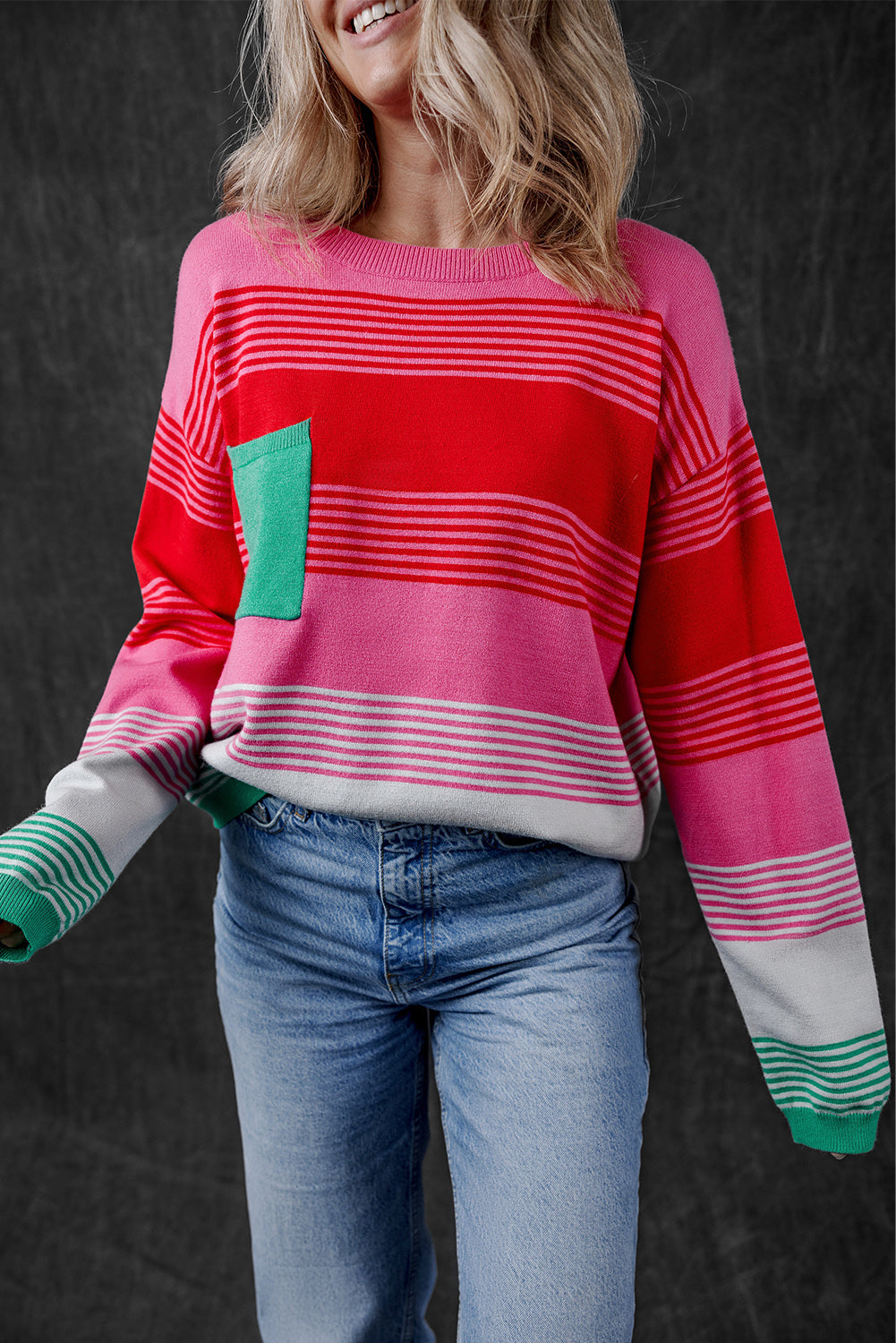 Stripe Pocketed Drop Shoulder Sweater