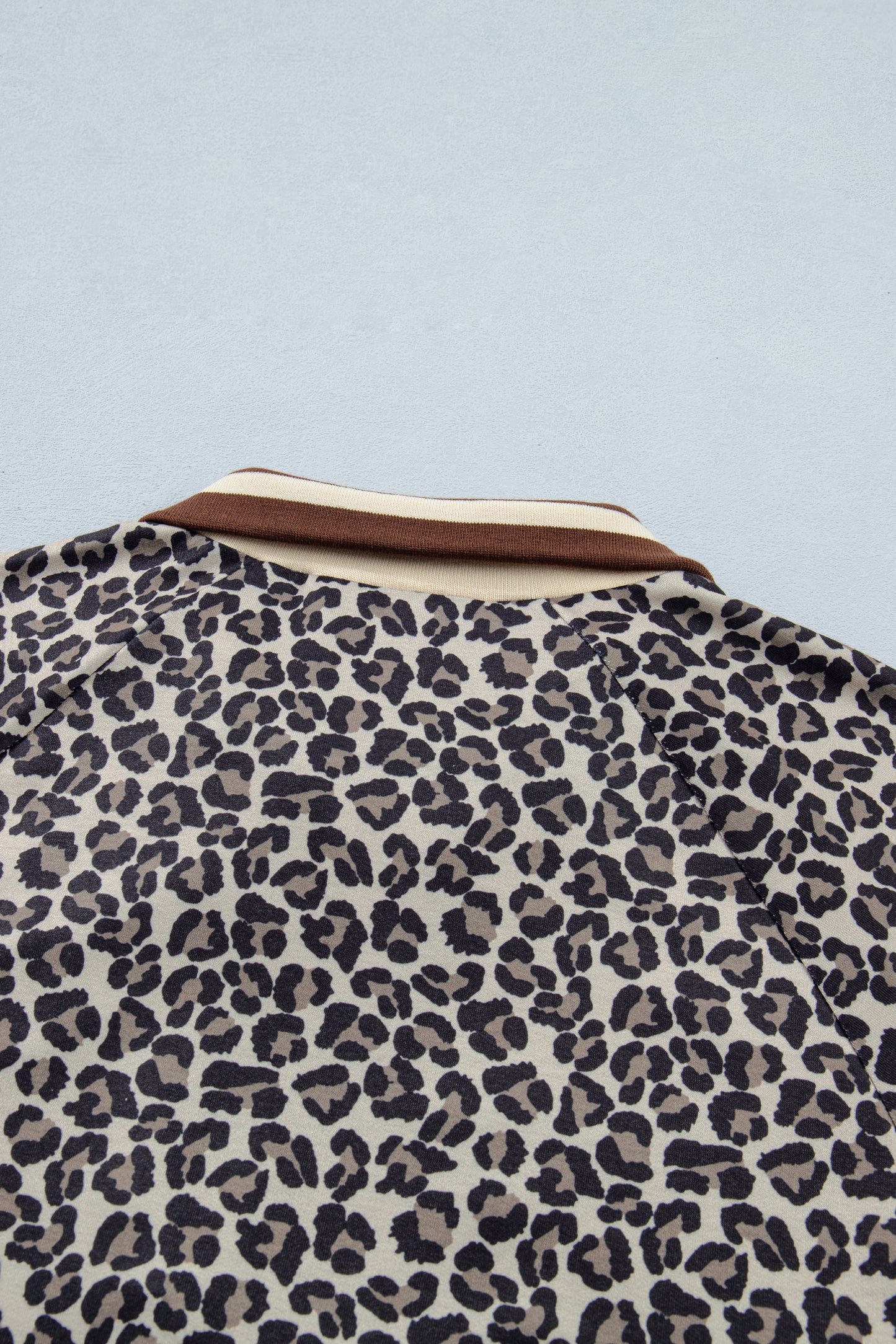 Leopard Half Zip Stripe Trim Short Sleeve Top