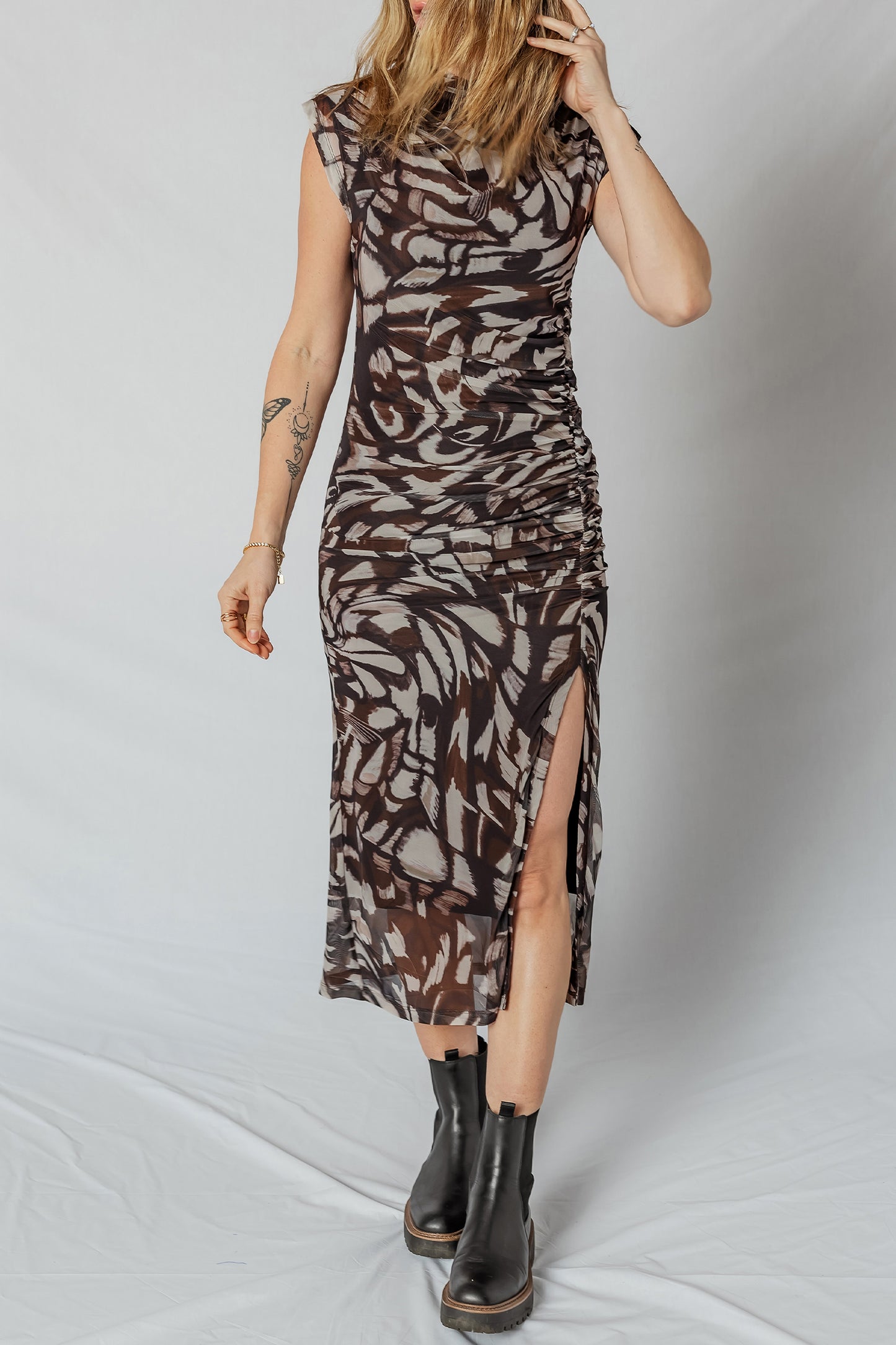Abstract Mesh Cowl Neck Ruched Slit Midi Dress