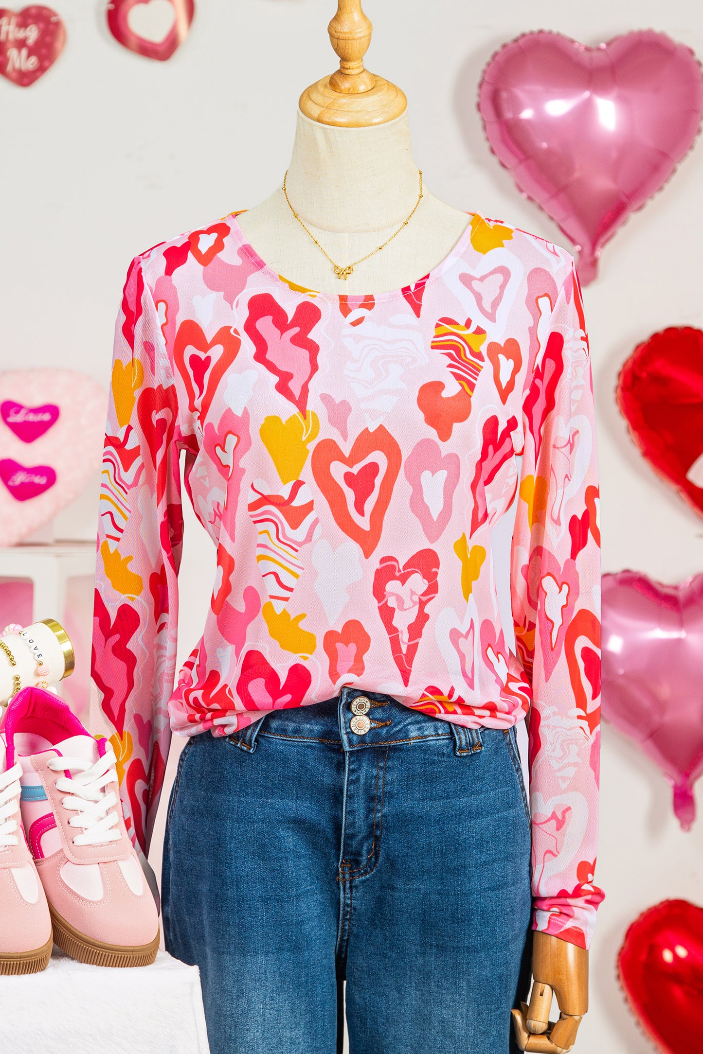 Valentine Heart Mesh Long Sleeve Top