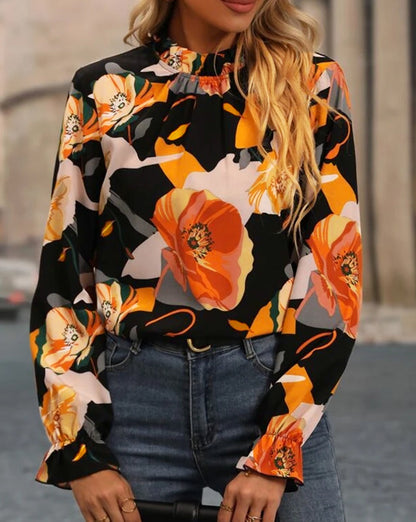 Floral Print Mock Neck Blouse