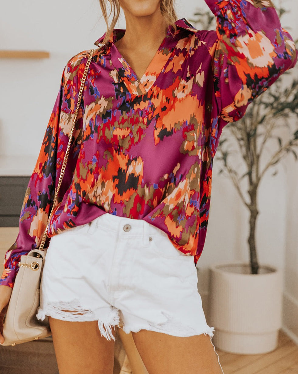 Abstract Floral Puff Sleeve Blouse