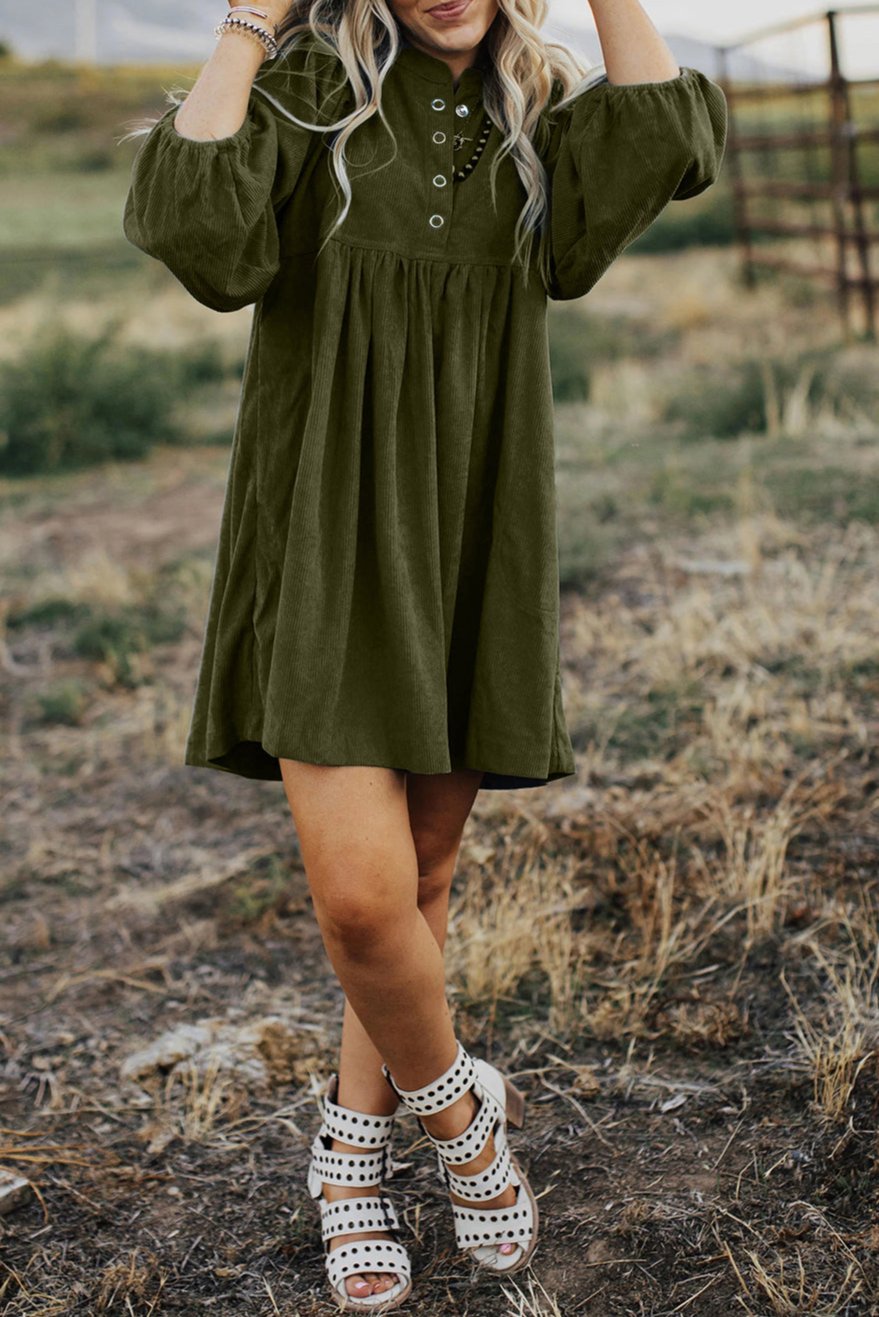 Corduroy Buttoned 3/4 Sleeve Dress