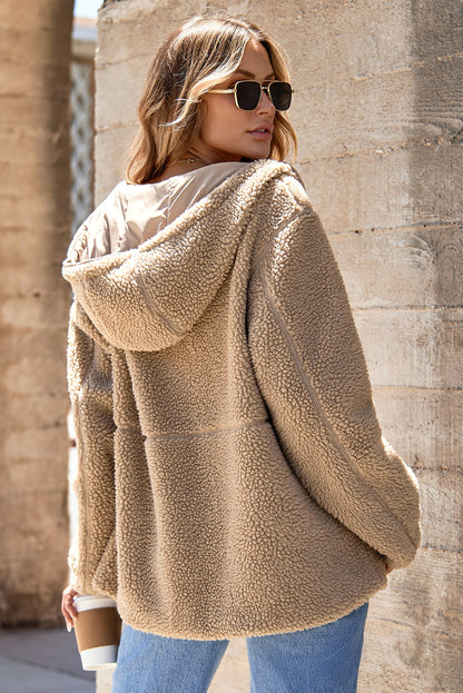 Solid Fleece Zip-Up Drawstring Pocketed Hooded Jacket