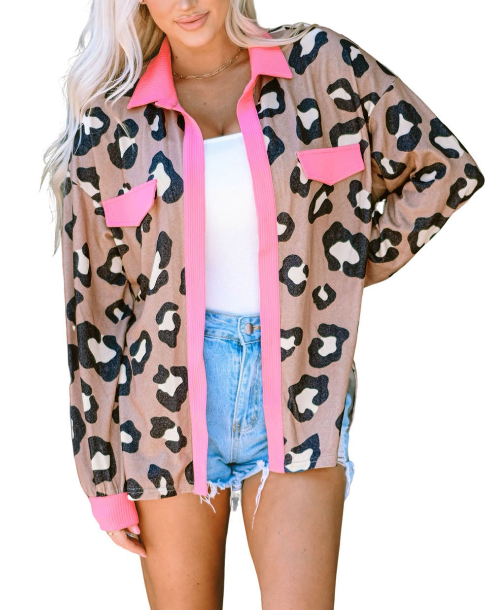 Leopard Ribbed Trim Collared Jacket