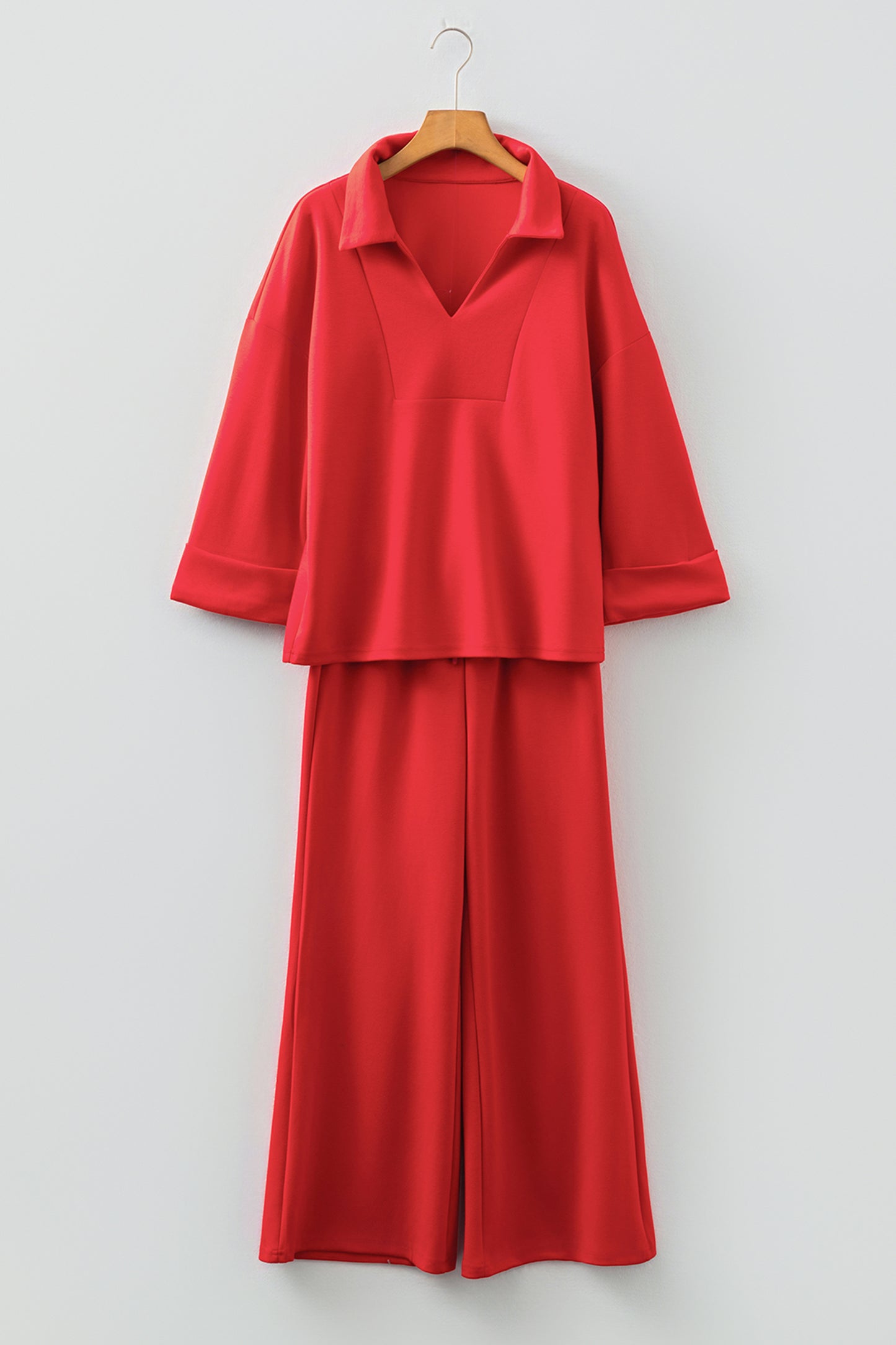 Solid V-Neck Pullover and Drawstring Pants Set