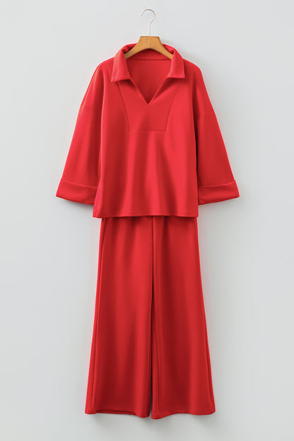 Solid V-Neck Pullover and Drawstring Pants Set