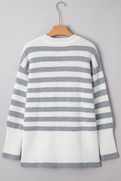 Stripe Ribbed Side-Button Drop Shoulder Sweater