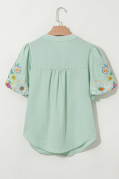 Floral Embroidered Puff Sleeve Split Neck Blouse