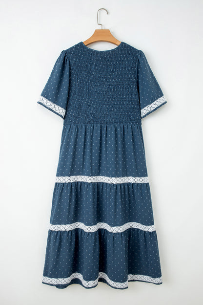 Plus Size Swiss Dot Lace Trim Flared Midi Dress