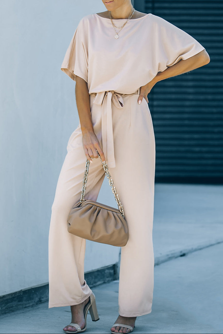 Solid Belted Wide Leg Jumpsuit