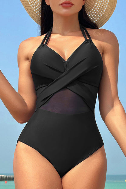 Mesh Insert Halter One-Piece Swimsuit