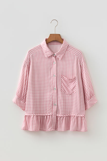 Gingham Plaid 3/4 Sleeve Ruffle Buttoned Shirt