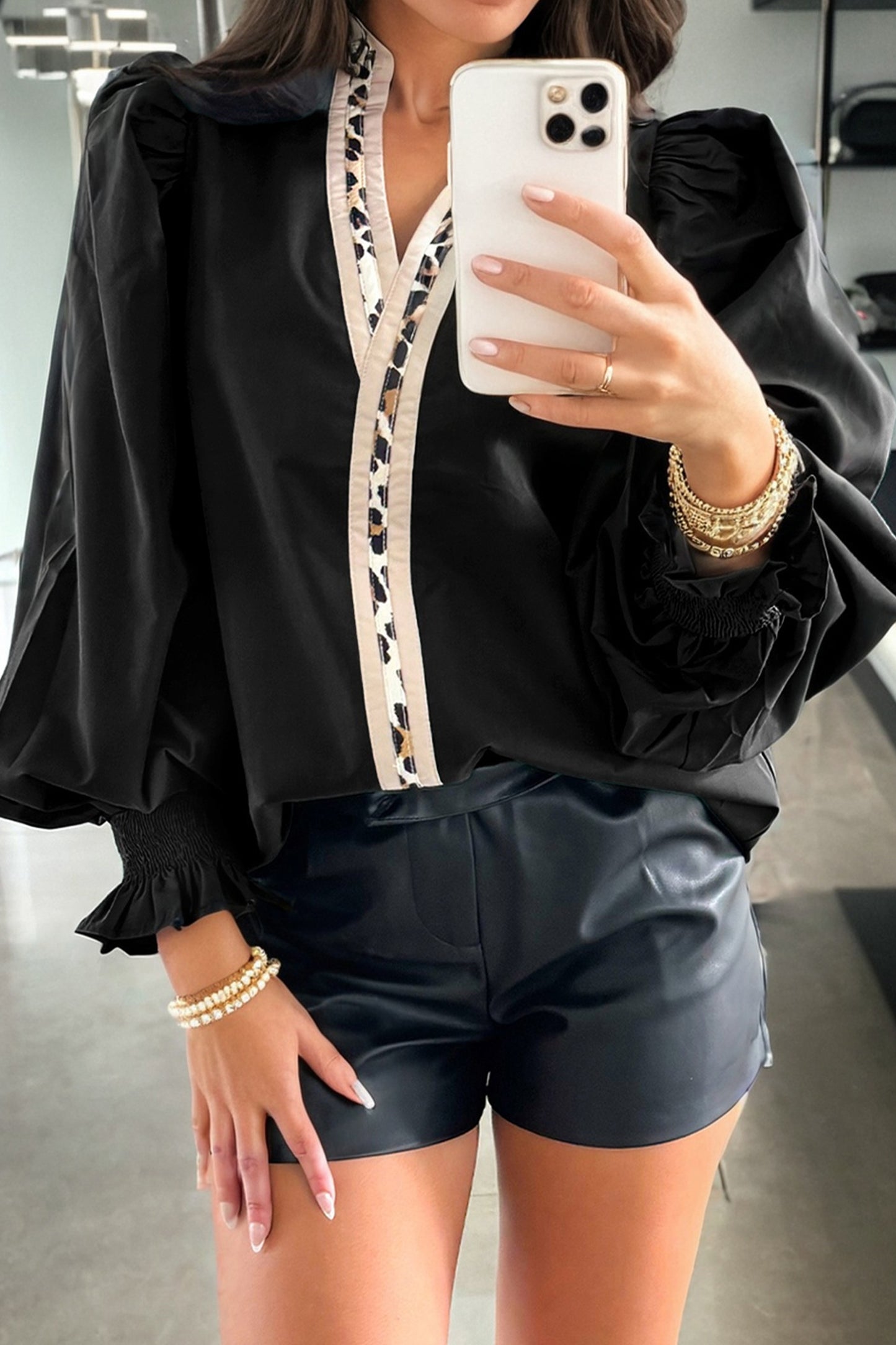 Leopard Trim V-Neck Puffy Flounce Sleeve Blouse