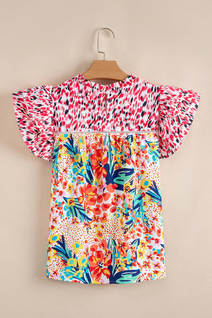 Floral Patchwork Ruffle Cap Sleeve Blouse