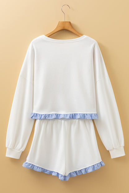Ruffle Trim Patchwork Pullover and Shorts Set
