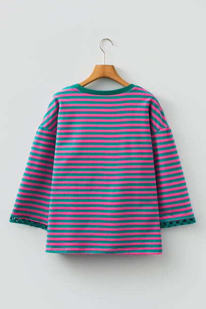 Stripe Lace Trim 3/4 Sleeve Top