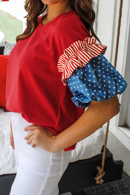 Stars & Stripe Patchwork Short Puff Sleeve Top