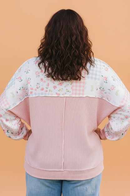 Plus Size Floral Patchwork Corded Knit Long Sleeve Top