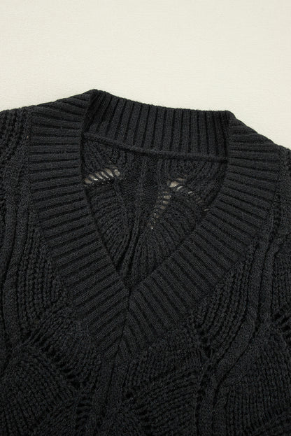 Hollow-Out Knit V-Neck Drop Shoulder Sweater