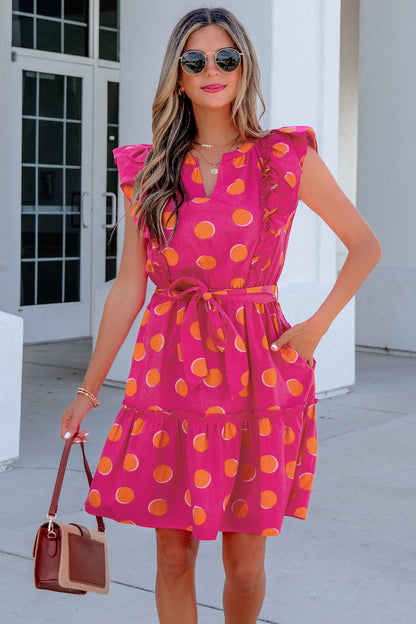 Polka Dot V-Neck Ruffle Belted Mini Dress