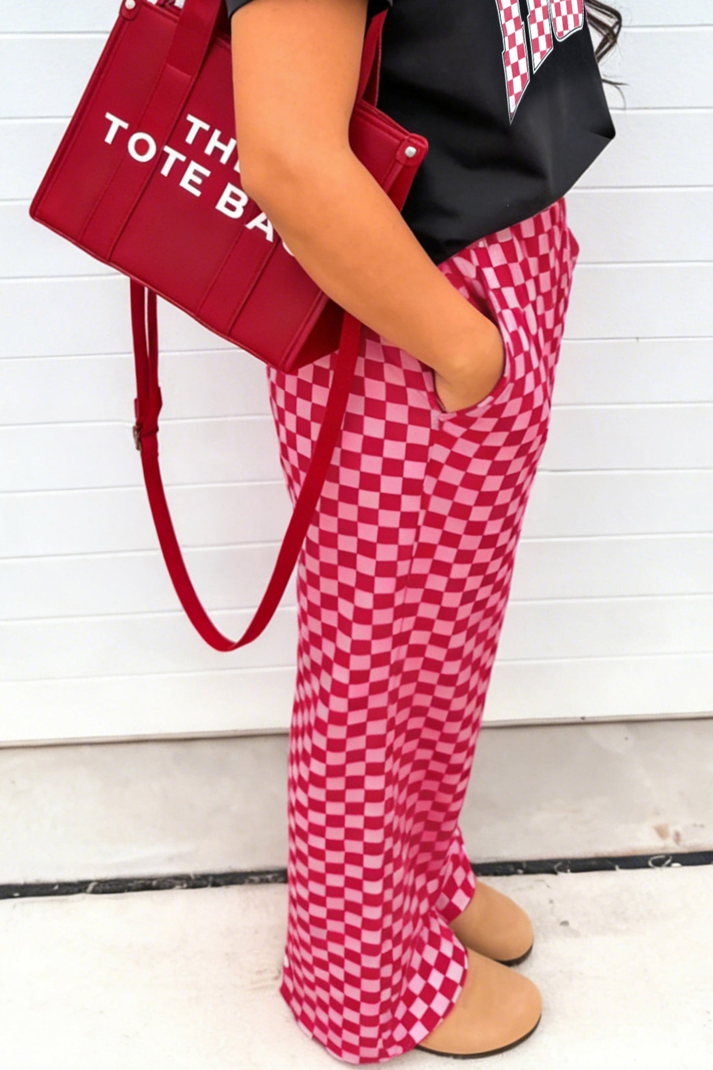 Checker Elastic Waist Wide Leg Pants