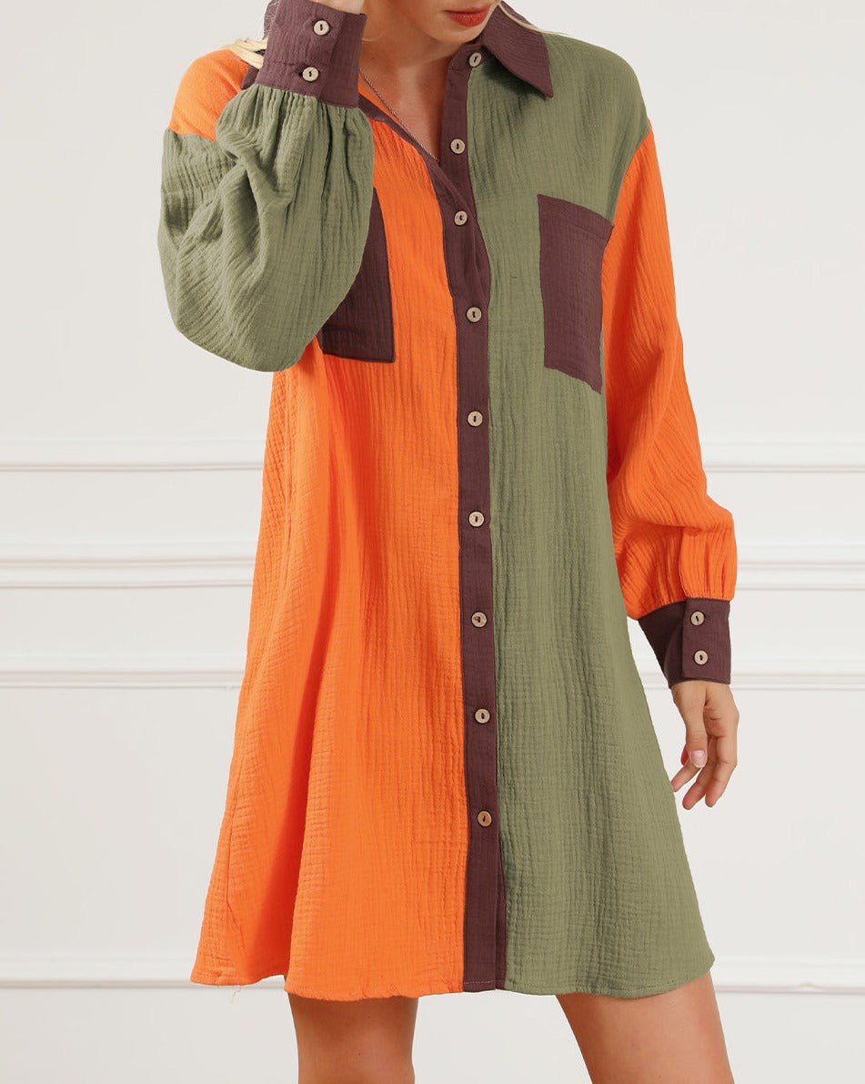 Colorblock Crinkle Oversized Shirt Dress