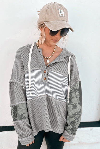 Stripe Waffle Patchwork Hooded Long Sleeve Top