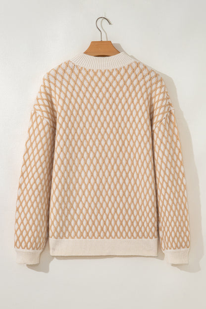 Rhombus Textured Knit Mock Neck Sweater