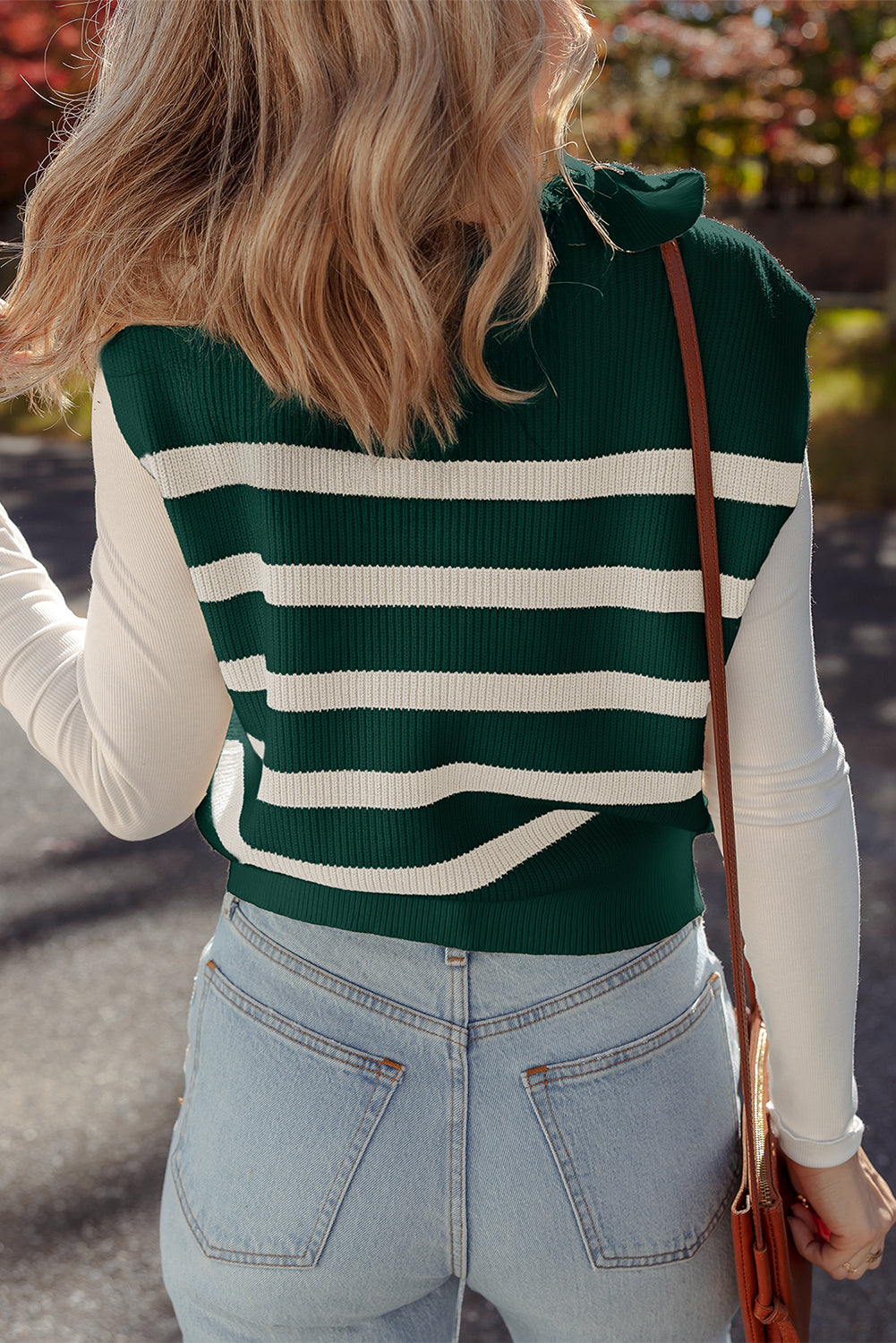 Stripe Ribbed Half-Zip Collar Sleeveless Sweater