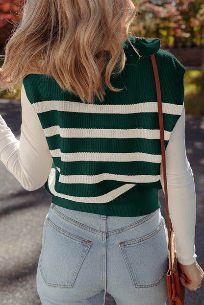 Stripe Ribbed Half-Zip Collar Sleeveless Sweater