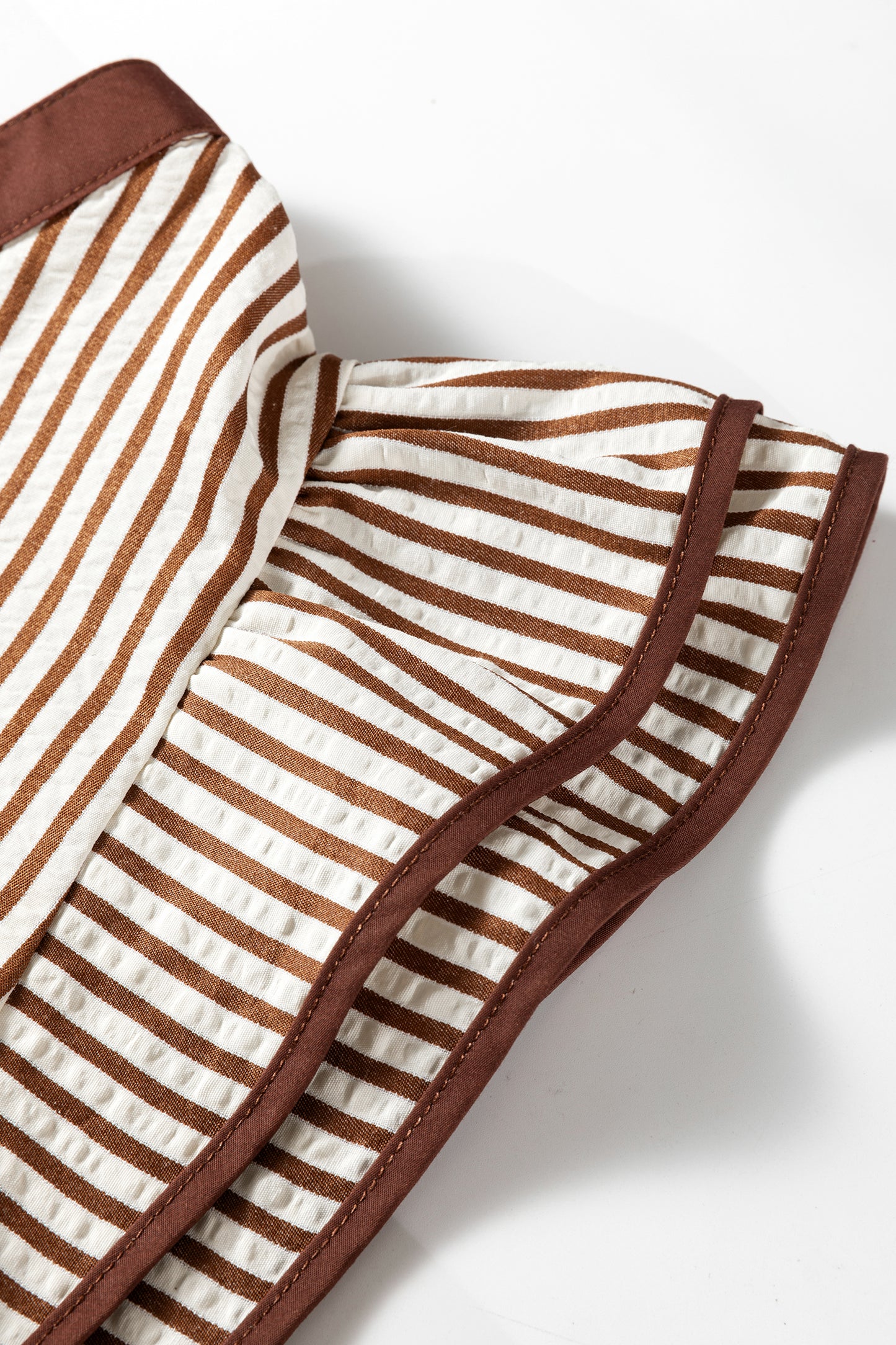 Stripe Double Ruffle Short Sleeve V-Neck Blouse