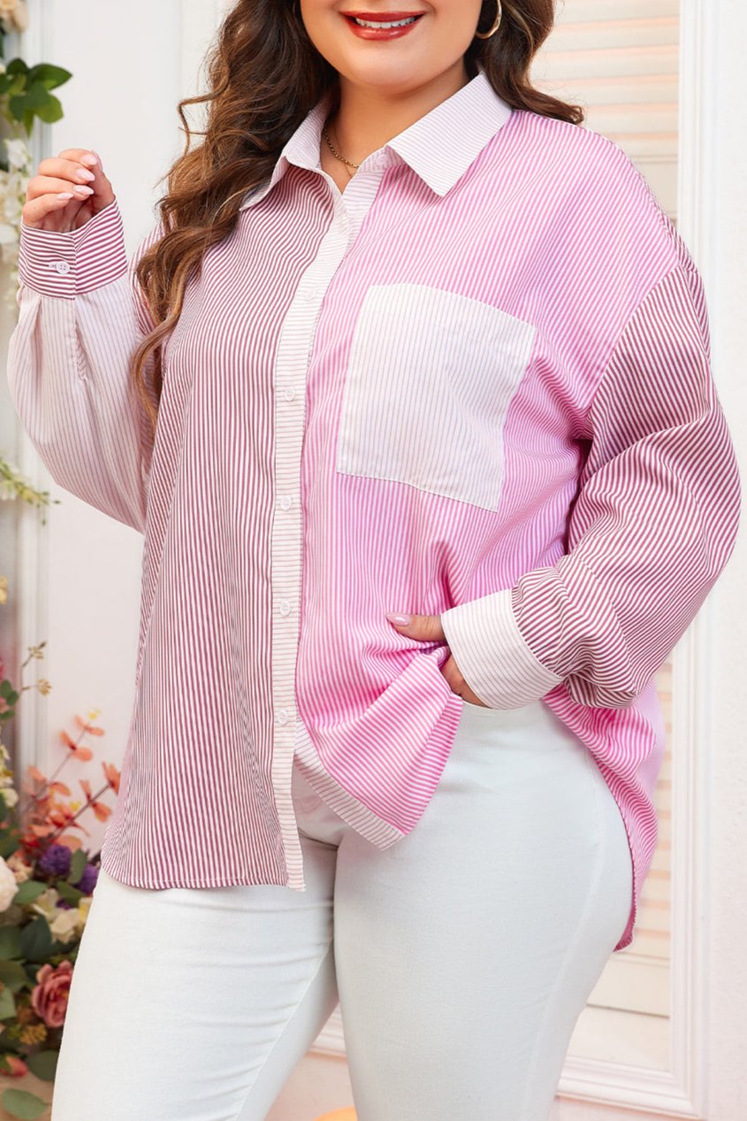 Stripe Colorblock Buttoned Shirt Plus Size