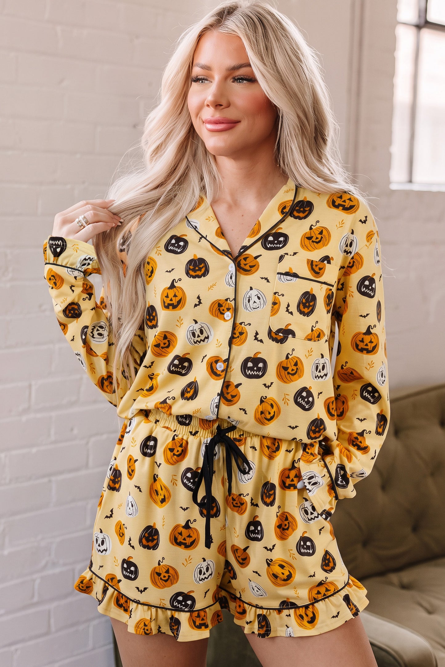 Halloween Jack-O-Lantern Ruffle Top & Shorts Lounge Set