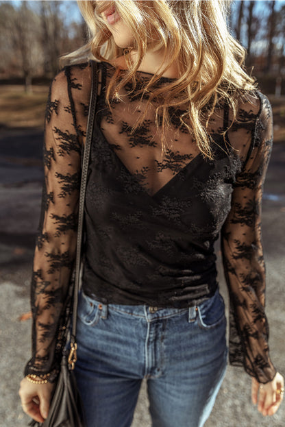 Lace Mesh Long Sleeve Blouse