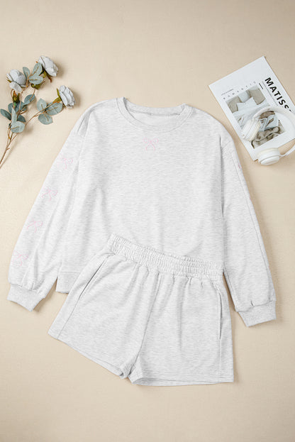 Bow Embroidered Pullover and Shorts Set